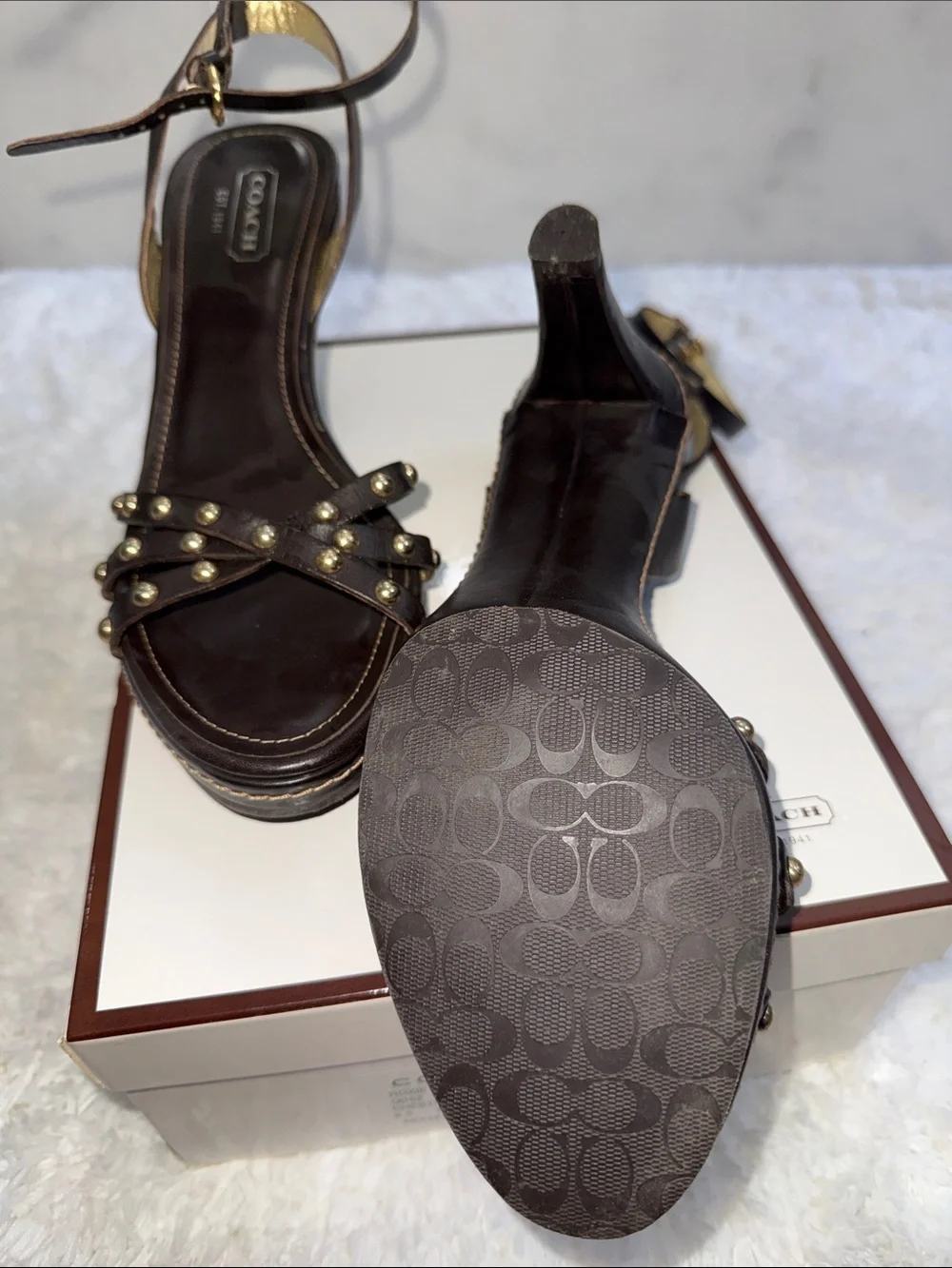 Coach Black Leather Studded Platform Sandals with Gold Accents 8 1/2 w/box